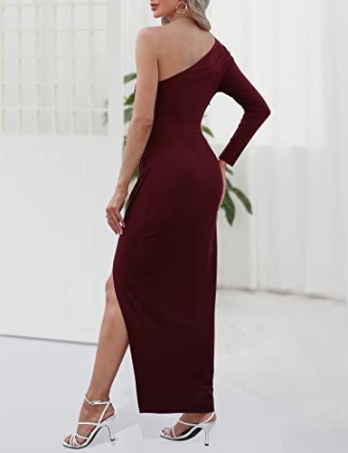 Womens One Shoulder Long Sleeve Cocktail Dresses Sexy Bodycon Ruched Wrap Split Party Formal Long Dress Burgundy M