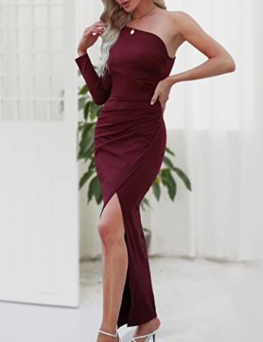 Womens One Shoulder Long Sleeve Cocktail Dresses Sexy Bodycon Ruched Wrap Split Party Formal Long Dress Burgundy M