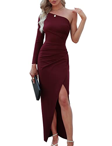 Womens One Shoulder Long Sleeve Cocktail Dresses Sexy Bodycon Ruched Wrap Split Party Formal Long Dress Burgundy M