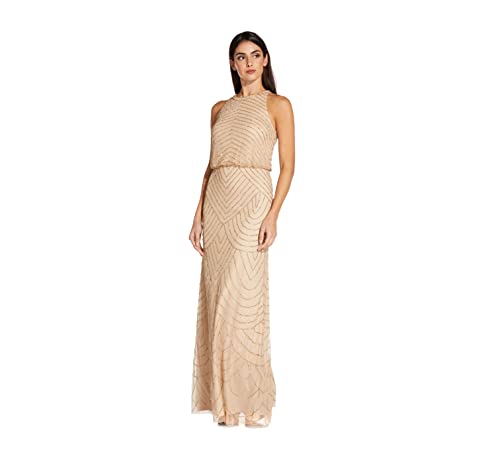 women's Art Deco Beaded Blouson Dress with Halter Neckline, Champagne/Gold, 2