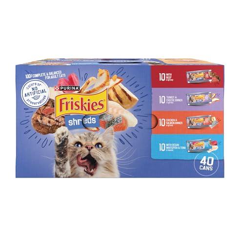 Wet Cat Food Variety Pack, Shreds Beef, Turkey, Whitefish, and Chicken & Salmon - (Pack of 40) 5.5 oz. Cans