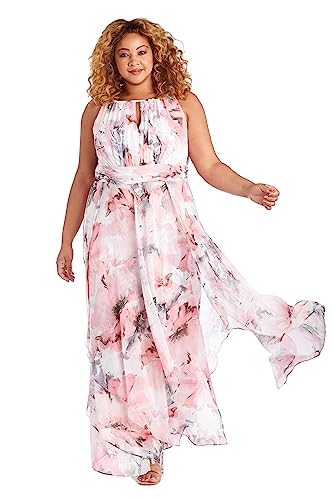 Women's Long Halter Sheer Printed Chiffon Floral Maxi Dress, Pink