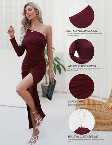 Womens One Shoulder Long Sleeve Cocktail Dresses Sexy Bodycon Ruched Wrap Split Party Formal Long Dress Burgundy M