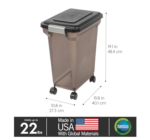 IRIS USA WeatherPro Airtight Dog Food Storage Container, Up to 22 lbs, Attachable Wheels, For Dog Cat Bird and Other Pet Food Storage Bin, Keep Fresh, Easy Mobility, BPA Free, Smoke