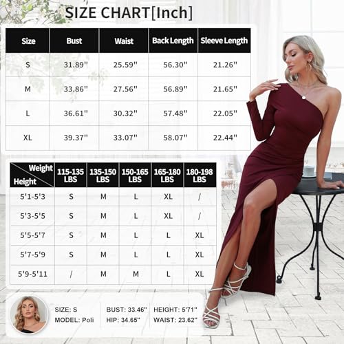 Womens One Shoulder Long Sleeve Cocktail Dresses Sexy Bodycon Ruched Wrap Split Party Formal Long Dress Burgundy M