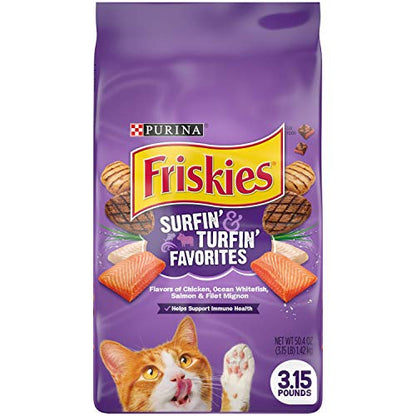 Purina Friskies Dry Cat Food, Surfin' & Turfin' Favorites - (Pack of 4) 3.15 lb. Bags