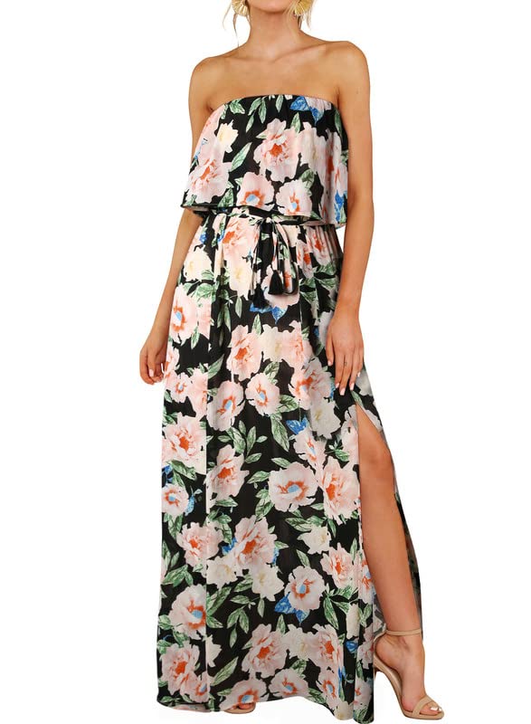 Womens Bohemian Sun Dress Strapless High Waist Side Split Flowy Sexy Dresses Off The Shoulder Fashion 2024 Summer Maxi Dress for Women Black