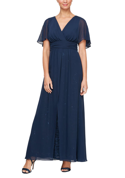 Women's Long V-Neck Flutter Sleeve A-Line Dress, Navy