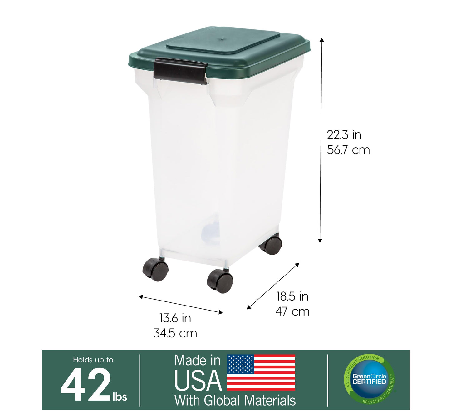 IRIS USA WeatherPro Airtight Dog Food Storage Container, Up to 42 lbs, Attachable Wheels, For Dog Cat Bird and Other Pet Food Storage Bin, Keep Fresh, Translucent Body, Green