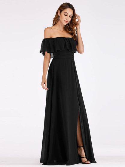 Women's Off The Shoulder Bridesmaid Dresses Side Split Beach Maxi Formal Dress Black US16