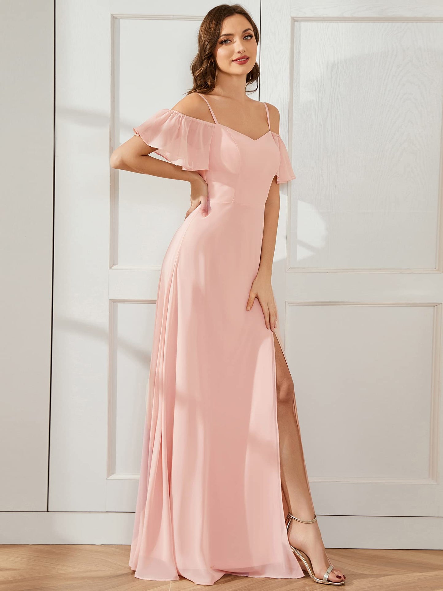 Women's Formal Dresses Off Shoulder Short Sleeve Split A-Line Floor Length Bridesmaid Dresses Pink US8