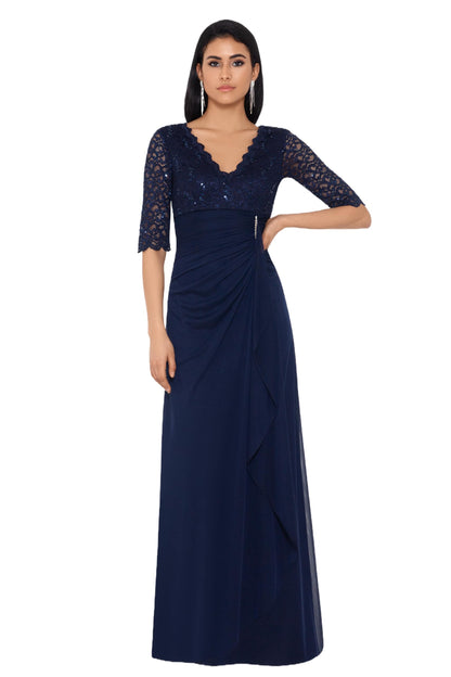 Women's Long Sleeve V-Neck Lace and Sheer Matte Jersey Gown