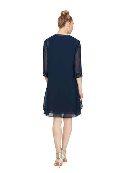 womens Chiffon Tier Jacket With Bead Neck Special Occasion Dress, Deep Navy, 16 US