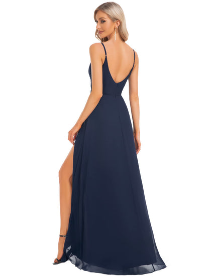 Women's A Line Spaghetti Straps Side Slit Double V-Neck Ruched Chiffon Long Formal Dress Navy Blue US8