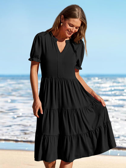 Women's 2024 Summer Short Puff Sleeve Midi Dress