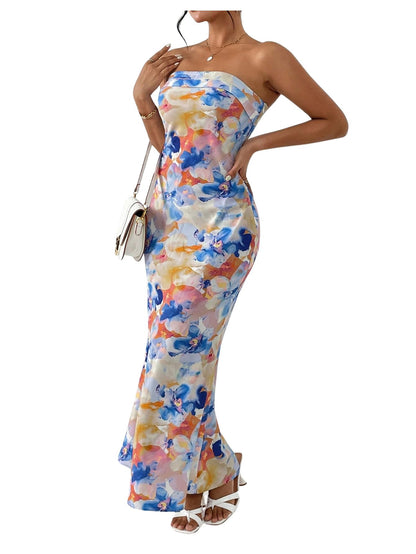 Women's Floral Backless Long Tube Dress Strapless Cut Out Flared Hem Maxi Dresses Multicolor Small