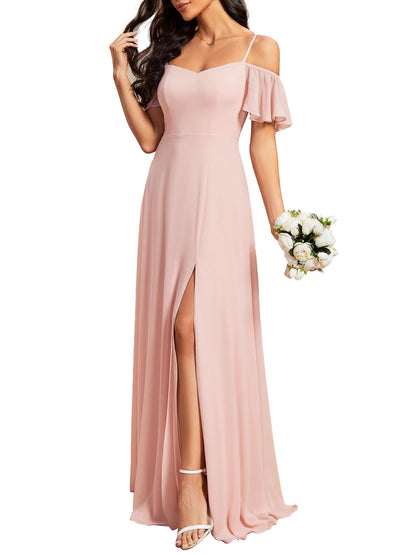 Women's Formal Dresses Off Shoulder Short Sleeve Split A-Line Floor Length Bridesmaid Dresses Pink US8