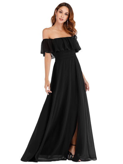 Women's Off The Shoulder Bridesmaid Dresses Side Split Beach Maxi Formal Dress Black US16