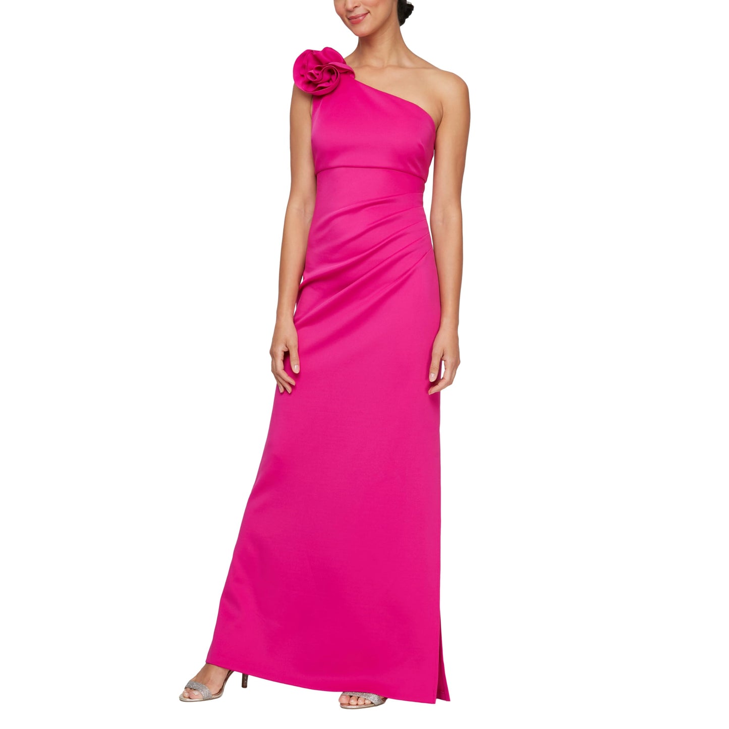 Women's Long Length Scuba One Shoulder Gown W/Flower Detail, Wedding Guest Dress, (Petite and Regular Sizes), Fuschia