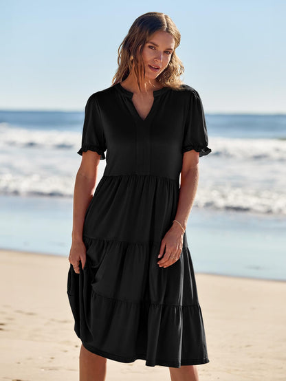 Women's 2024 Summer Short Puff Sleeve Midi Dress