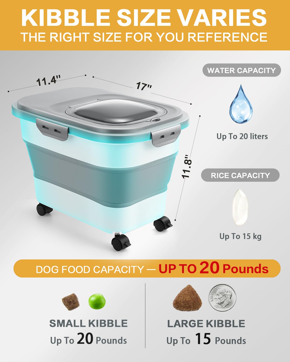 ANVS Collapsible Dog Food Container With Casters, Scoop and Small Pet Food Container - Keeps Up To 20lbs Dry Dog Food Fresh (Grey)