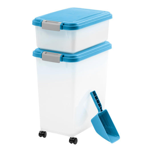 IRIS USA 30 lbs & 11 lbs Combo Airtight Dog Food Storage Container, Stackable Treat Box, 2-Cup Scoop, Wheels, Keep Fresh, Easy Mobility, Pearl/Blue Moon