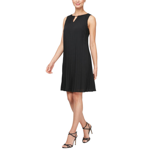 Women's Short Sleeveless Pleated A-Line Dress with Cutout Neckline, Black