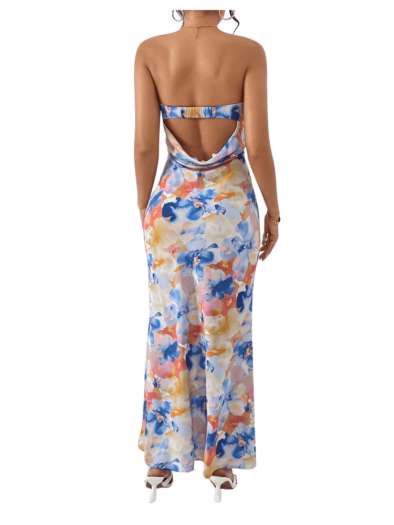 Women's Floral Backless Long Tube Dress Strapless Cut Out Flared Hem Maxi Dresses Multicolor Small