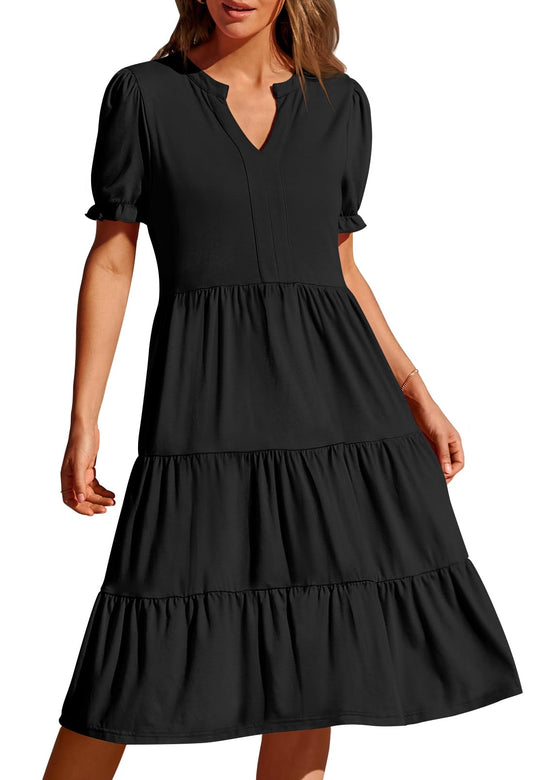 Women's 2024 Summer Short Puff Sleeve Midi Dress