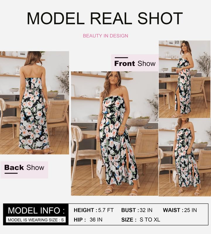 Womens Bohemian Sun Dress Strapless High Waist Side Split Flowy Sexy Dresses Off The Shoulder Fashion 2024 Summer Maxi Dress for Women Black