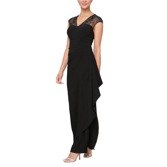 Women's Long Illusion V-Neck Cap Sleeve Ruched Waist Dress with Slit, Black, 4