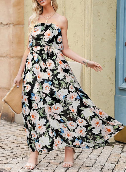 Womens Bohemian Sun Dress Strapless High Waist Side Split Flowy Sexy Dresses Off The Shoulder Fashion 2024 Summer Maxi Dress for Women Black