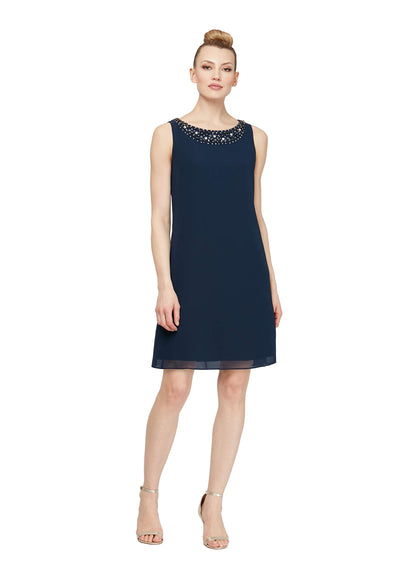 womens Chiffon Tier Jacket With Bead Neck Special Occasion Dress, Deep Navy, 16 US