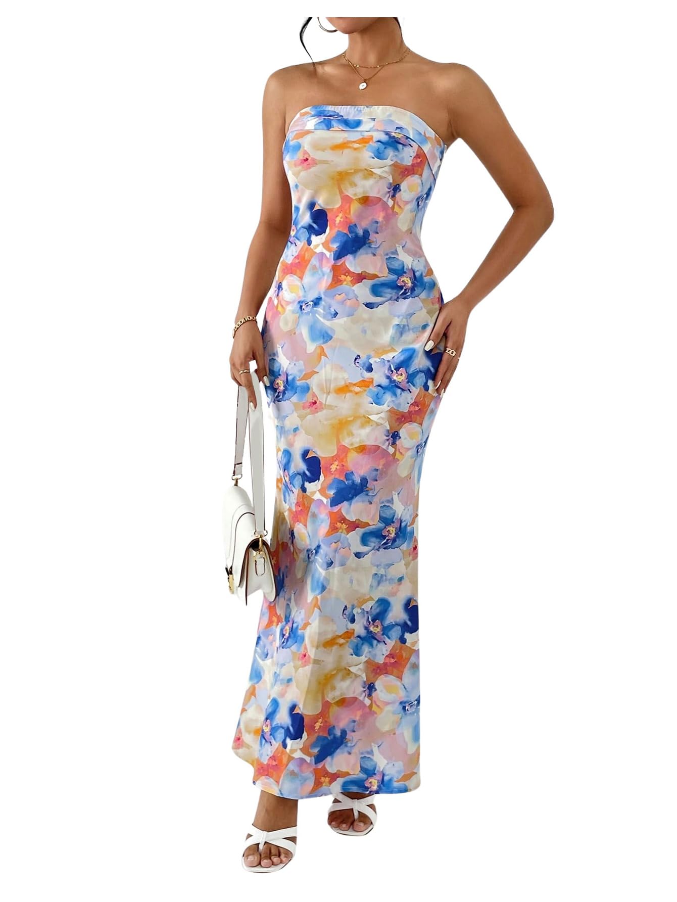 Women's Floral Backless Long Tube Dress Strapless Cut Out Flared Hem Maxi Dresses Multicolor Small