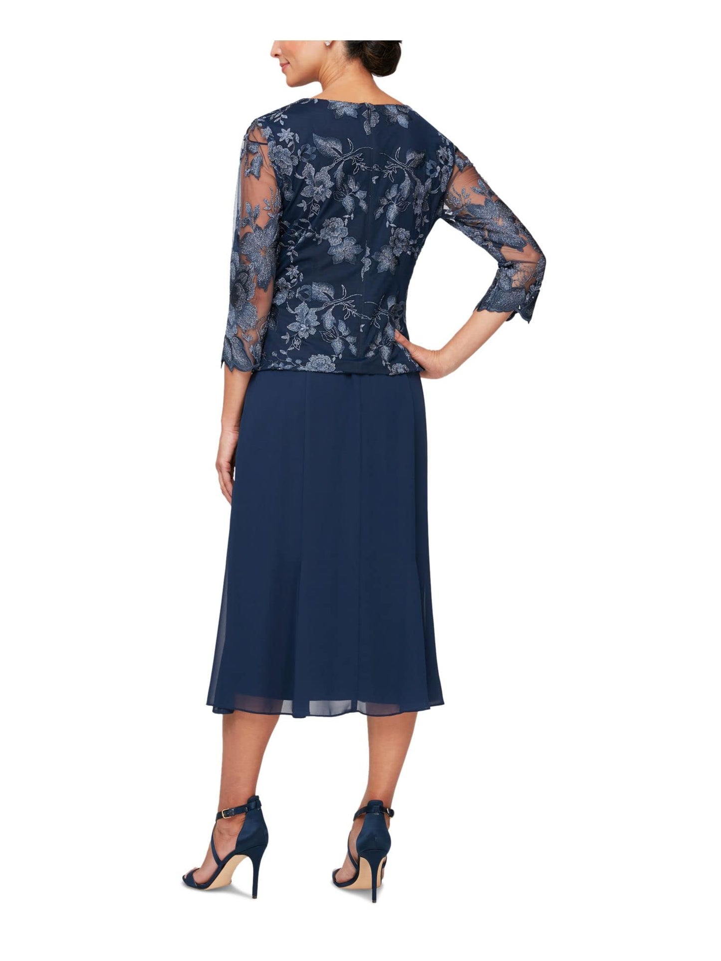 Women's Tea Length Mock Jacket Dress with Button Front, Navy Lace, 4P