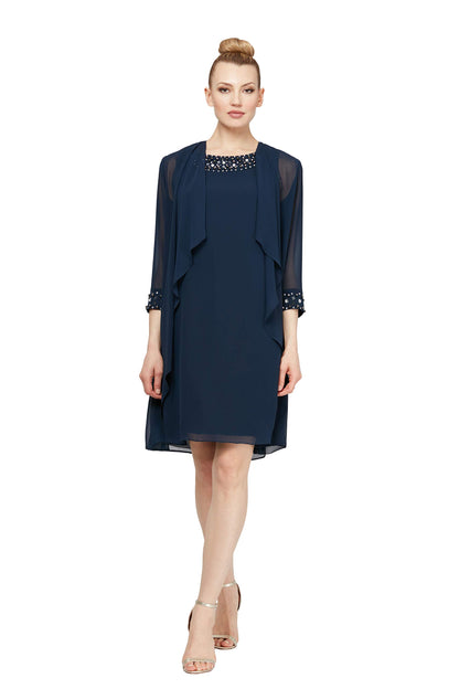 womens Chiffon Tier Jacket With Bead Neck Special Occasion Dress, Deep Navy, 16 US