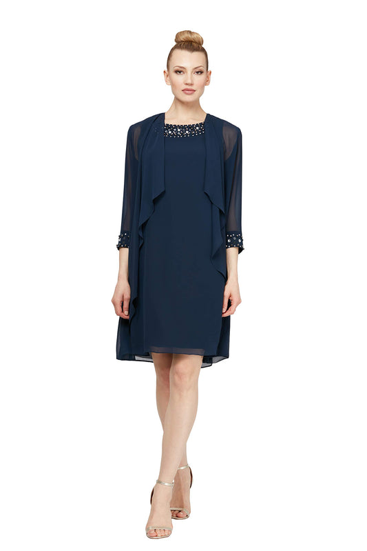 womens Chiffon Tier Jacket With Bead Neck Special Occasion Dress, Deep Navy, 16 US