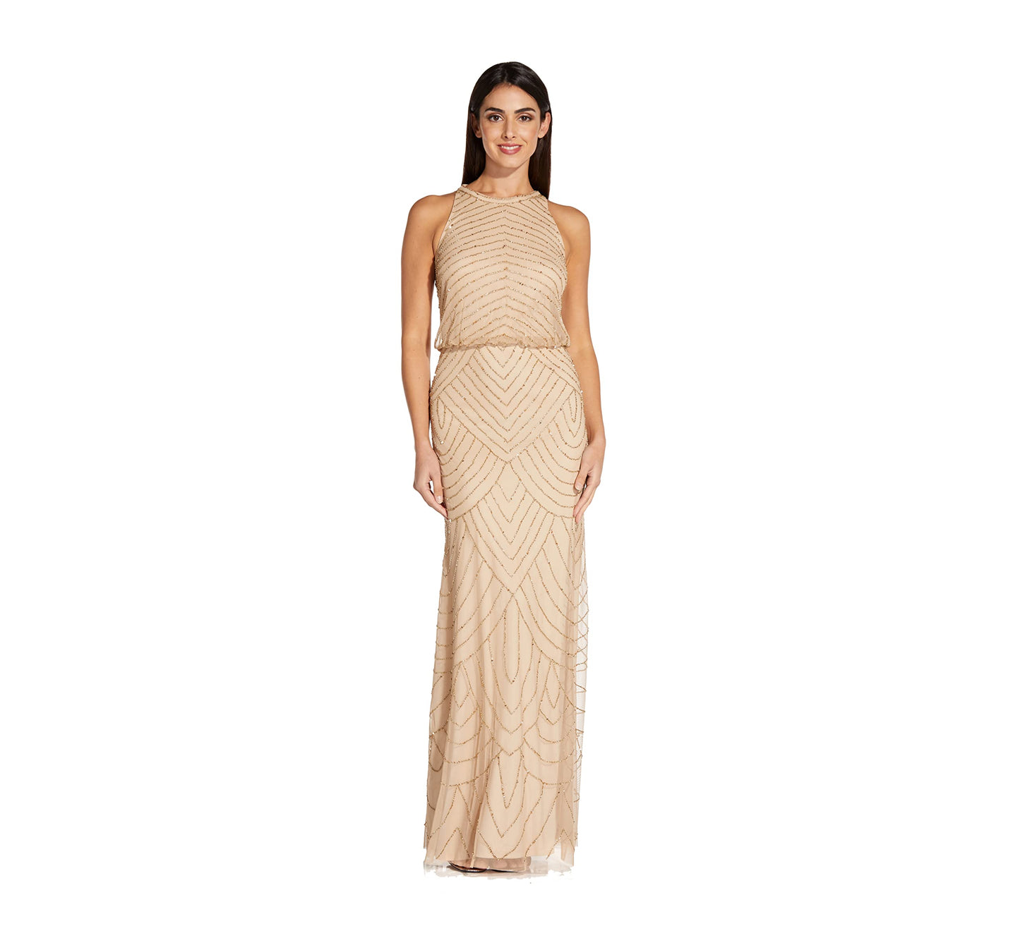 women's Art Deco Beaded Blouson Dress with Halter Neckline, Champagne/Gold, 2