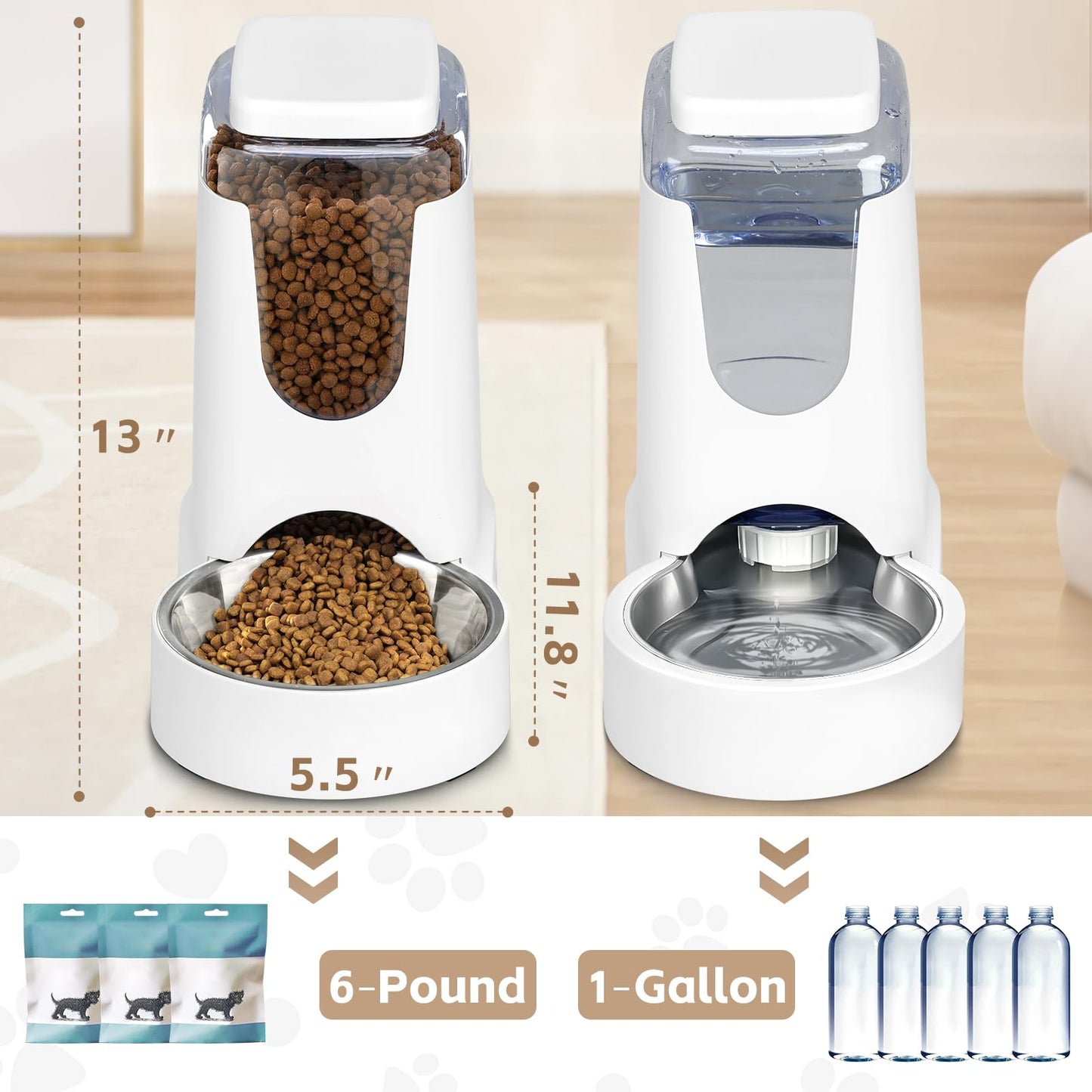 Automatic Cat Feeder and Water Dispenser with Stainless Steel Bowl Dog Gravity Food Feeder and Waterer for Small Medium Pets Puppy Kitten 1 Gallon x 2