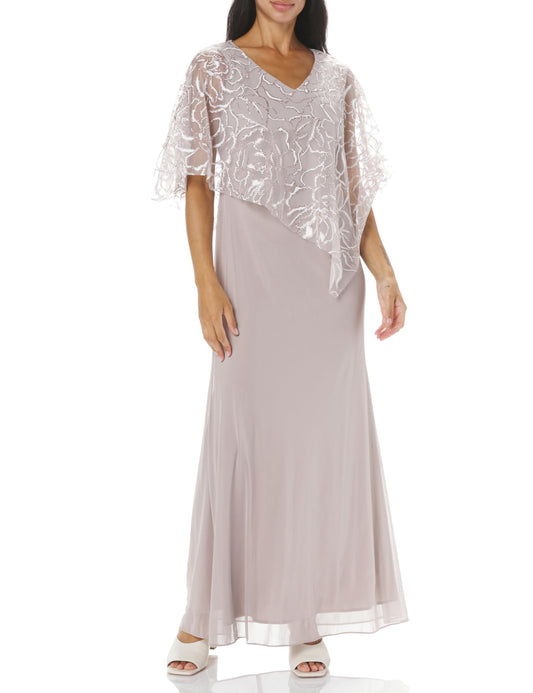 Women's Long Floral Shimmer Overlay Cape Gown