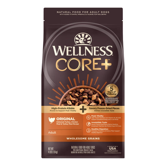 Wellness CORE+ Dry Dog Food with Wholesome Grains, Natural Ingredients, Made in USA with Real Freeze-Dried Meat (Adult, Turkey, 4 lbs)