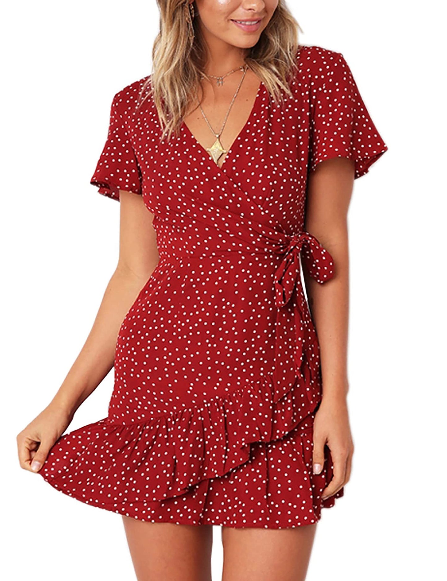 Women Short Sleeve Print Dress V Neck Short Dresses