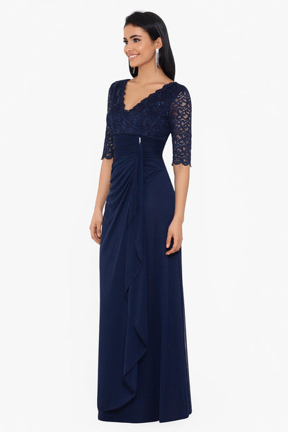 Women's Long Sleeve V-Neck Lace and Sheer Matte Jersey Gown