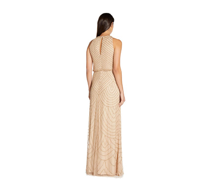 women's Art Deco Beaded Blouson Dress with Halter Neckline, Champagne/Gold, 2