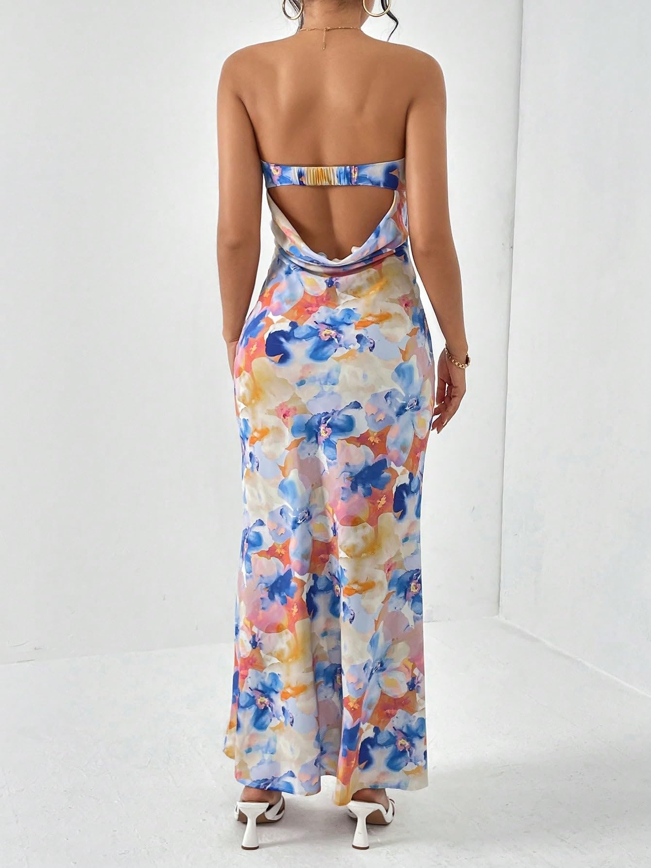 Women's Floral Backless Long Tube Dress Strapless Cut Out Flared Hem Maxi Dresses Multicolor Small