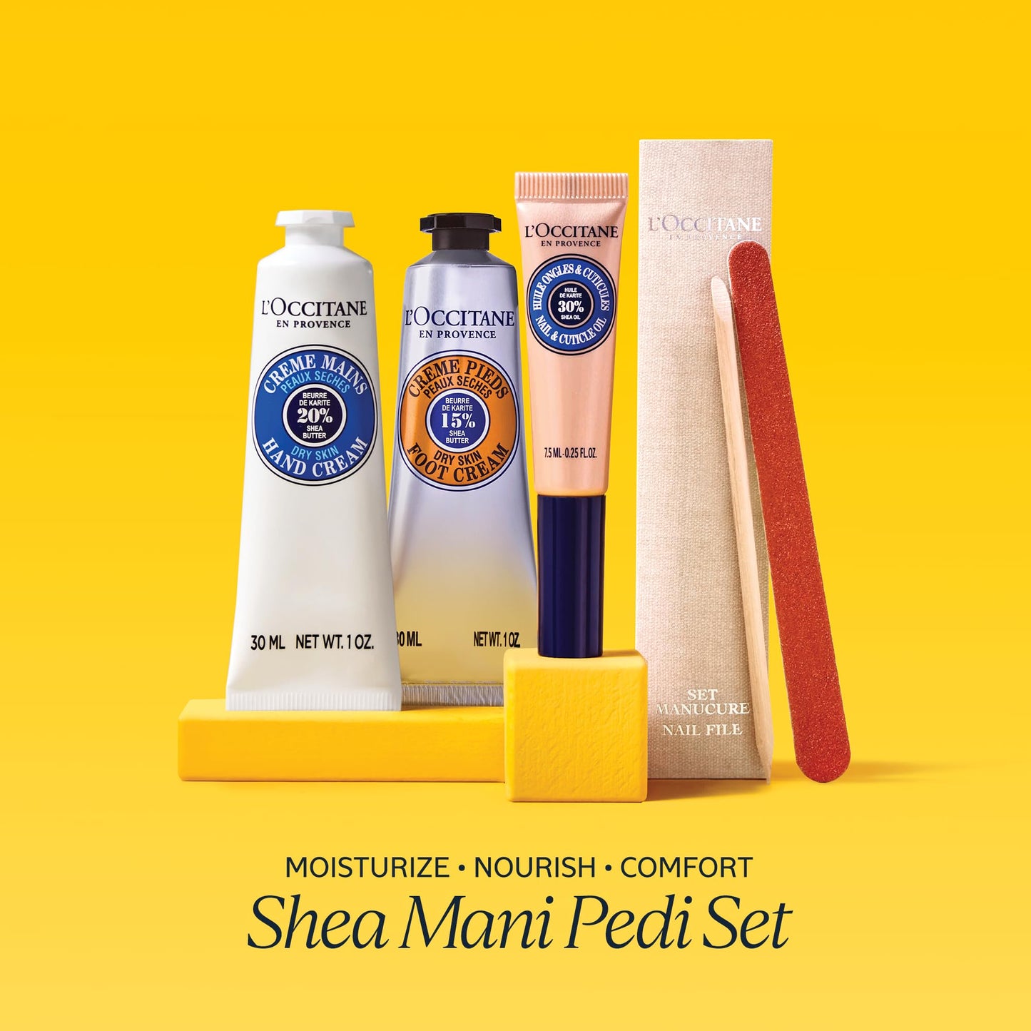 L'OCCITANE Shea Mani Pedi Set: Soften, Moisturize and Comfort Skin, Set Includes Shea Butter Hand Cream, Foot Cream, Nail & Cuticle Oil, Gift Set