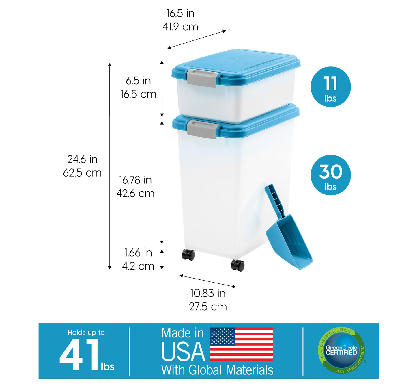 IRIS USA 30 lbs & 11 lbs Combo Airtight Dog Food Storage Container, Stackable Treat Box, 2-Cup Scoop, Wheels, Keep Fresh, Easy Mobility, Pearl/Blue Moon