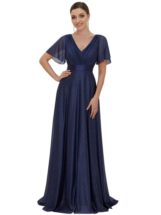 Womens Evening Dresses V Neck Short Sleeves A-line Glitter Formal Dresses Navy Blue US10