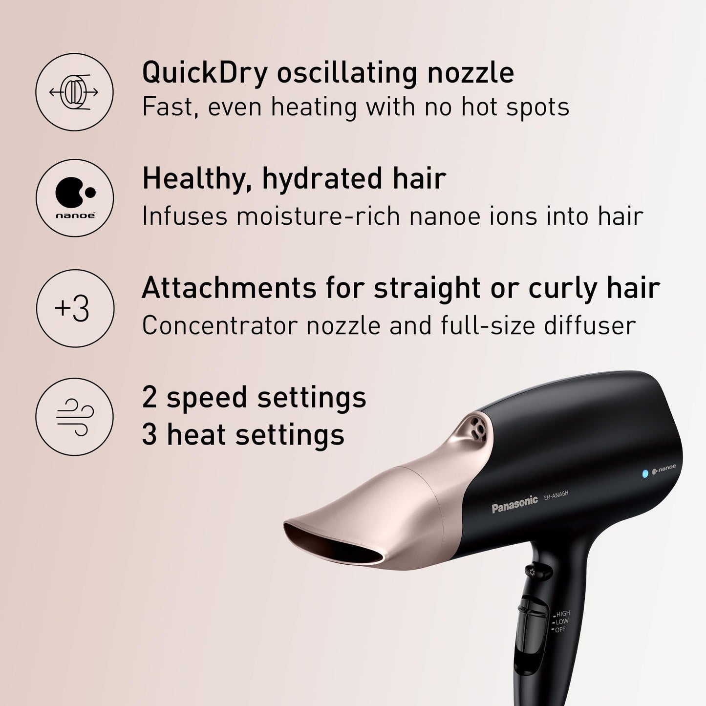 Panasonic Nanoe Salon Hair Dryer with Quick-Dry Oscillating Nozzle, Diffuser Attachment for Curly, Wavy Hair, 3-Speed Heat Setting for Easy Styling & Healthy Hair, EH-ANA6HN (Black/Pink Gold)