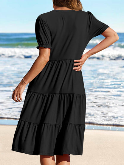 Women's 2024 Summer Short Puff Sleeve Midi Dress